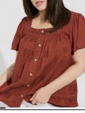 torrid Rust Button-Front Square Neck Top with Flutter Sleeves